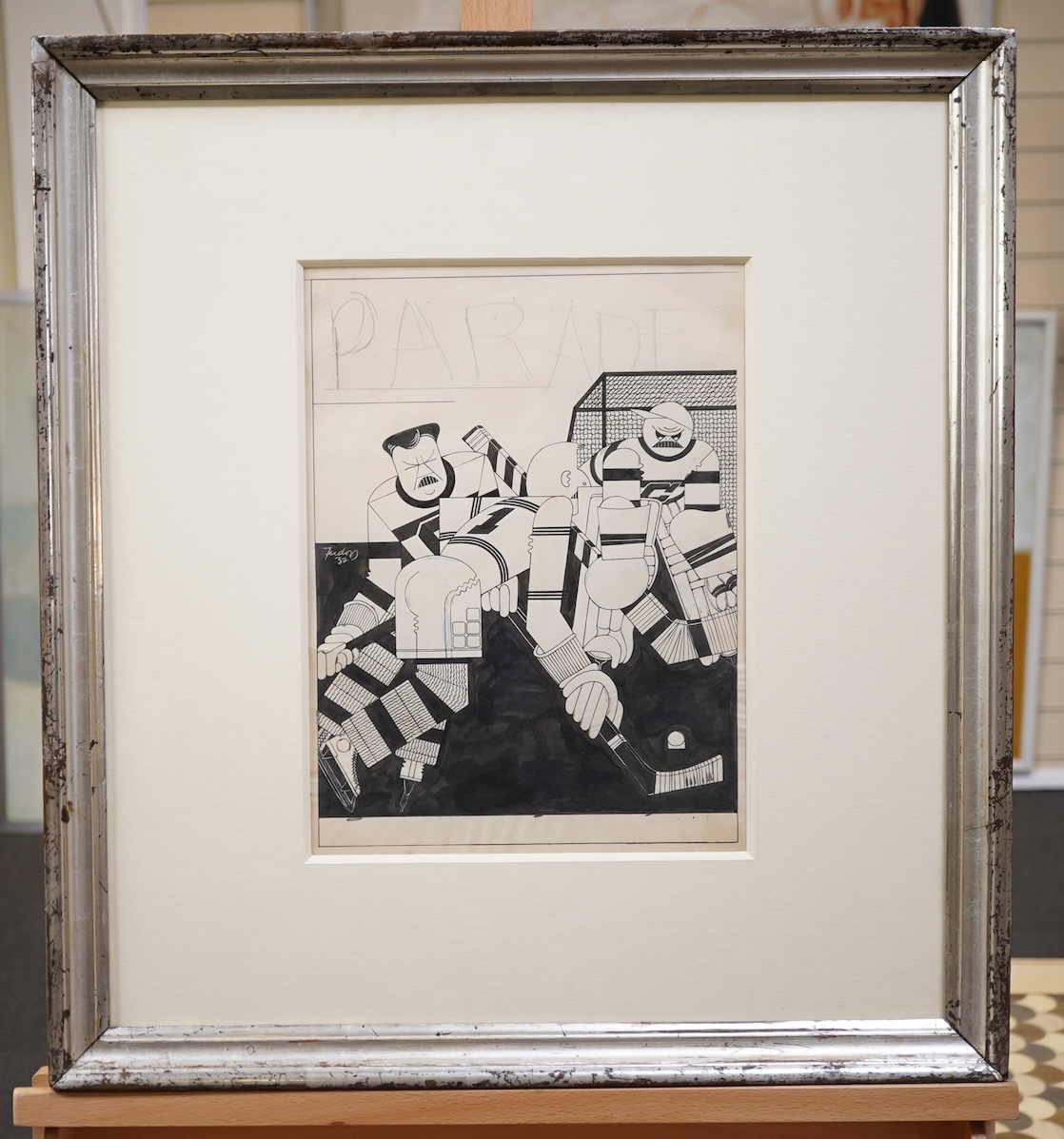 Charles Tudor (American, 1903-1970), Original design for the cover of Parade Magazine, Ice Hockey players, pen and ink, 32 x 24cm, with a copy of the printed magazine cover